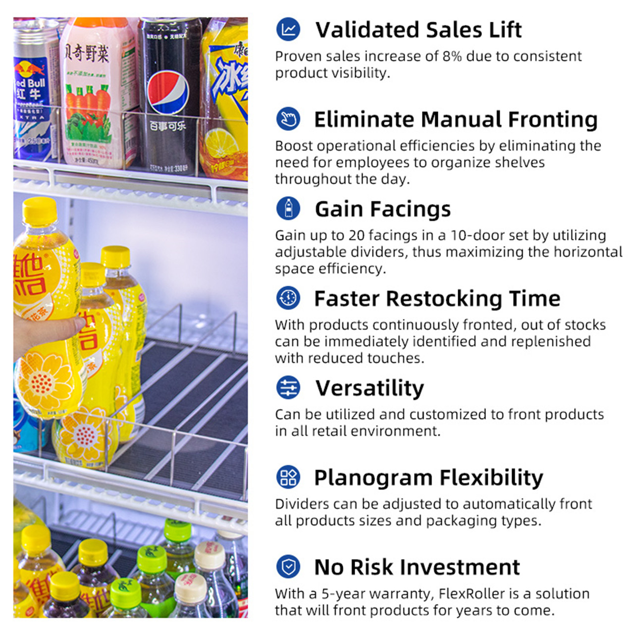 Prateleira de rolo gravitacional para exibição de bebidas com alimentação automática para refrigerador refrigerador (8)